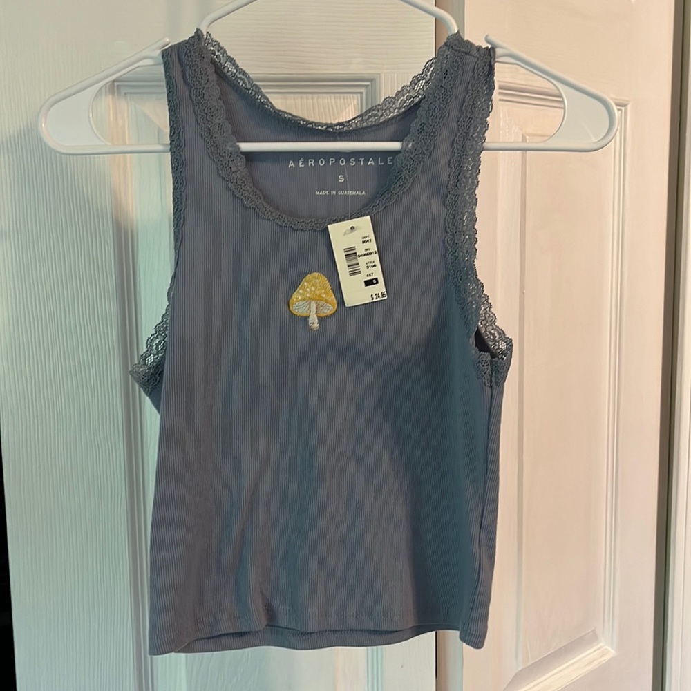 Blue mushroom embroidered lace tank top